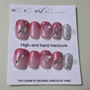 Press On Nails Pink Ombre Butterfly 3D Charms Glitter Medium Set 10pc